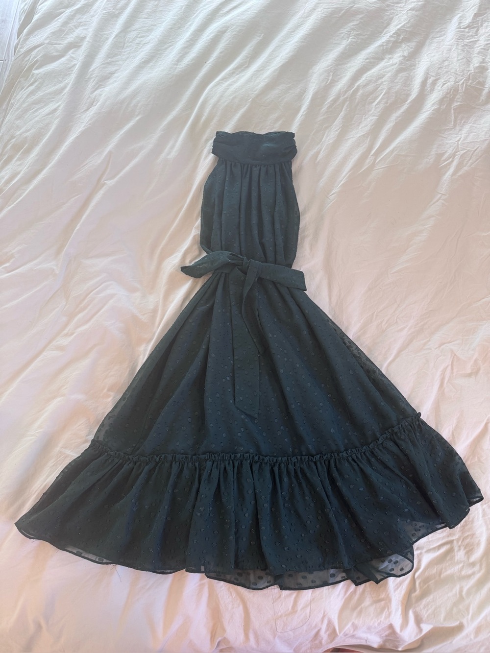 Taylor Dark Green Strapless Eyelet Midi Dress with Waist Tie